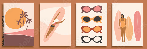 Abstract landscape poster collection. Set of contemporary art print templates. Nature backgrounds for your social media. Abstract female shapes and silhouettes in swimsuits on retro summer background.