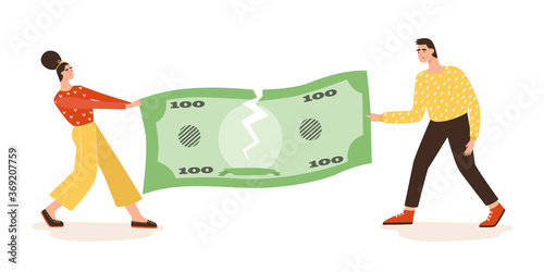 Man and woman sharing their money, clarifying their relationships, separation of property concept. Misunderstanding in family, divorce concept. Crisis in relationships, break up.