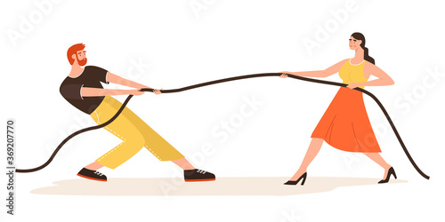 Man and woman tug-of-war and clarifying their relationships. Misunderstanding in family, divorce concept. Crisis in a relationship, break up. Vector Illustration in flat style.