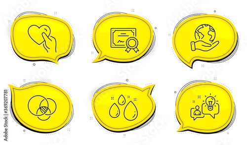 Hold heart sign. Diploma certificate, save planet chat bubbles. Euler diagram, Idea and Water drop line icons set. Relationships chart, Solution, Aqua. Friendship. Business set. Vector photo