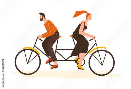 Woman and man go to the opposite sides. Metaphora means misunderstanding in family, divorce concept. Crisis in a relationship, break up. Vector Illustration in flat style. photo