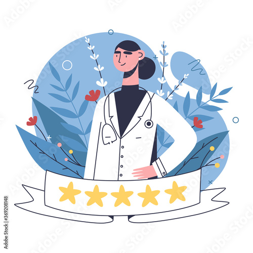Patients evaluate doctors review and rating via mobile app. Choosing top rated doctor for treatment. Online healthcare hospital or clinic, visit planner, first aid website concept.
