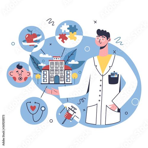 Multidisciplinary hospital concept, online healthcare clinic, visit planner, first aid website concept. Doctor showing online clinic departments: nutrition, therapy, pediatry, analyzes, psychology.