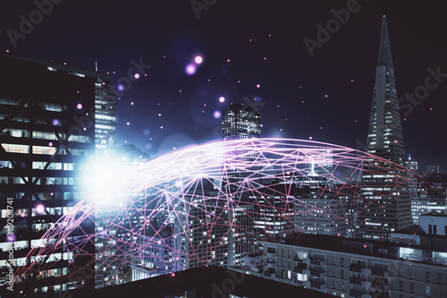 Multi exposure of social network theme drawing and cityscape background. Concept of people connecton.