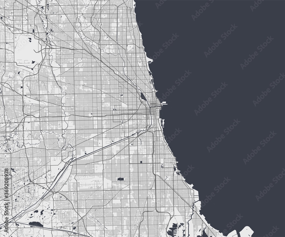 Obraz premium Urban city map of Chicago. Vector poster. Grayscale street map.
