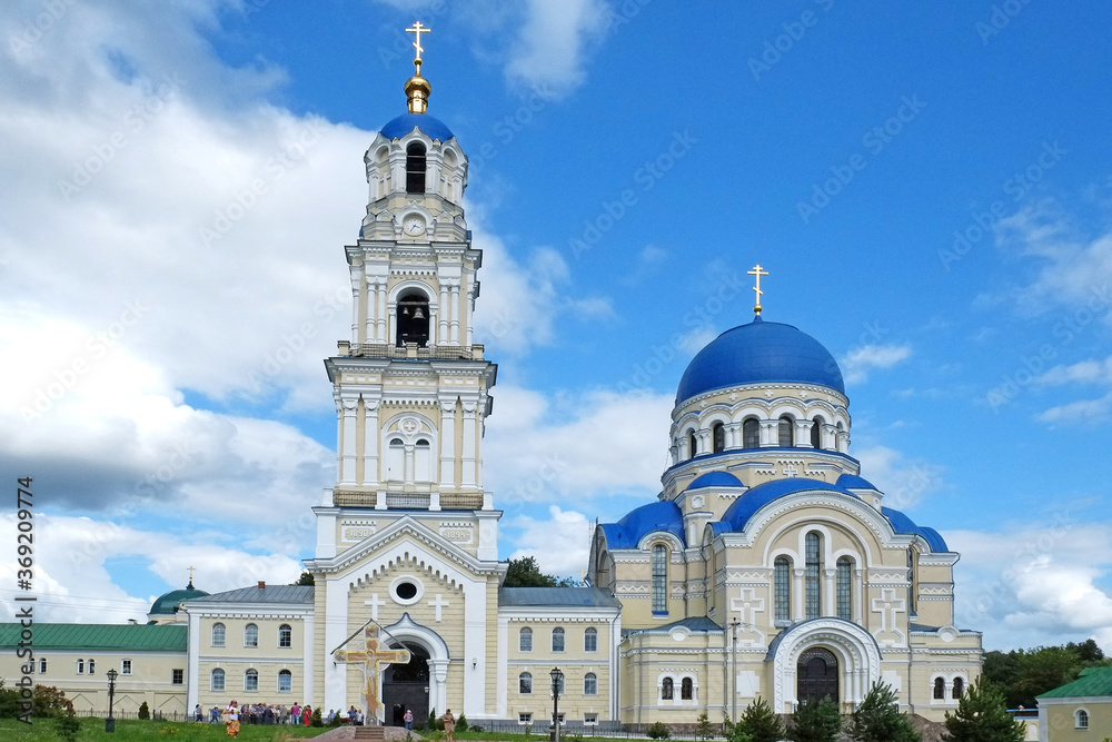 Monastery St. Uspenskaia Tikhonova pustyn (1485), Uspensky Cathedral (1894) and bell tower. Kaluga region (2015).