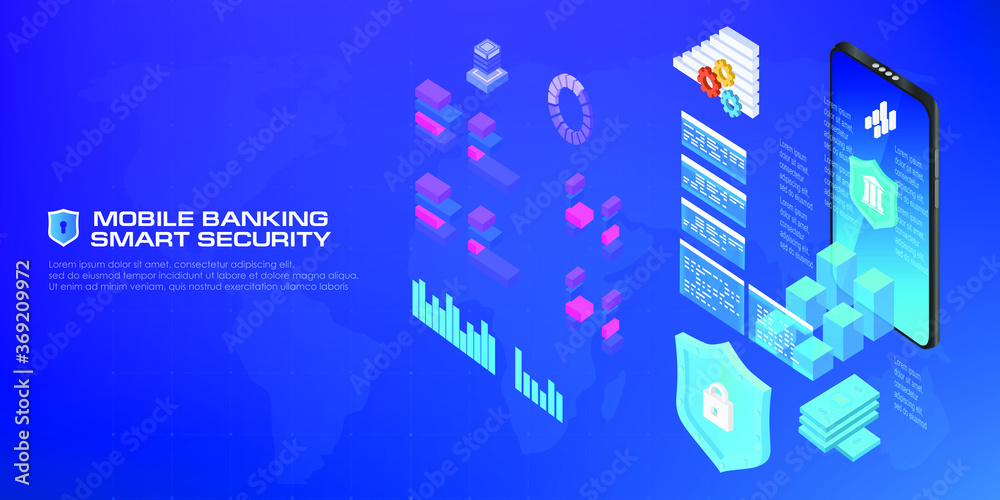 Mobile Internet banking Smart security. Vector concept banner. Reliable protection of your e-wallet from unauthorized access and hacking. Your account security system Mobile Internet banking Smart security. Vector concept banner. Reliable protection of your e-wallet from unauthorized access and hacking. Your account security system