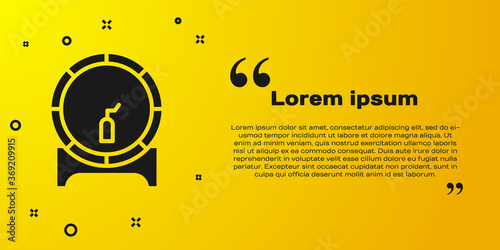 Black Wooden barrel on rack with stopcock icon isolated on yellow background. Vector Illustration.