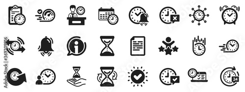 Set of Calendar, Time management timer and Delivery service icons. Time icons. Checklist, Stopwatch timer and hourglass. 24 hours and Presentation, calendar, checklist test. Vector
