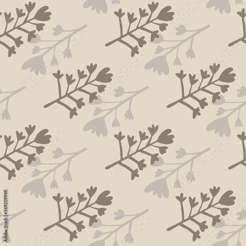 Pale branch abstract floral figures seamless pattern. Brown and blue botanic elements on grey background.