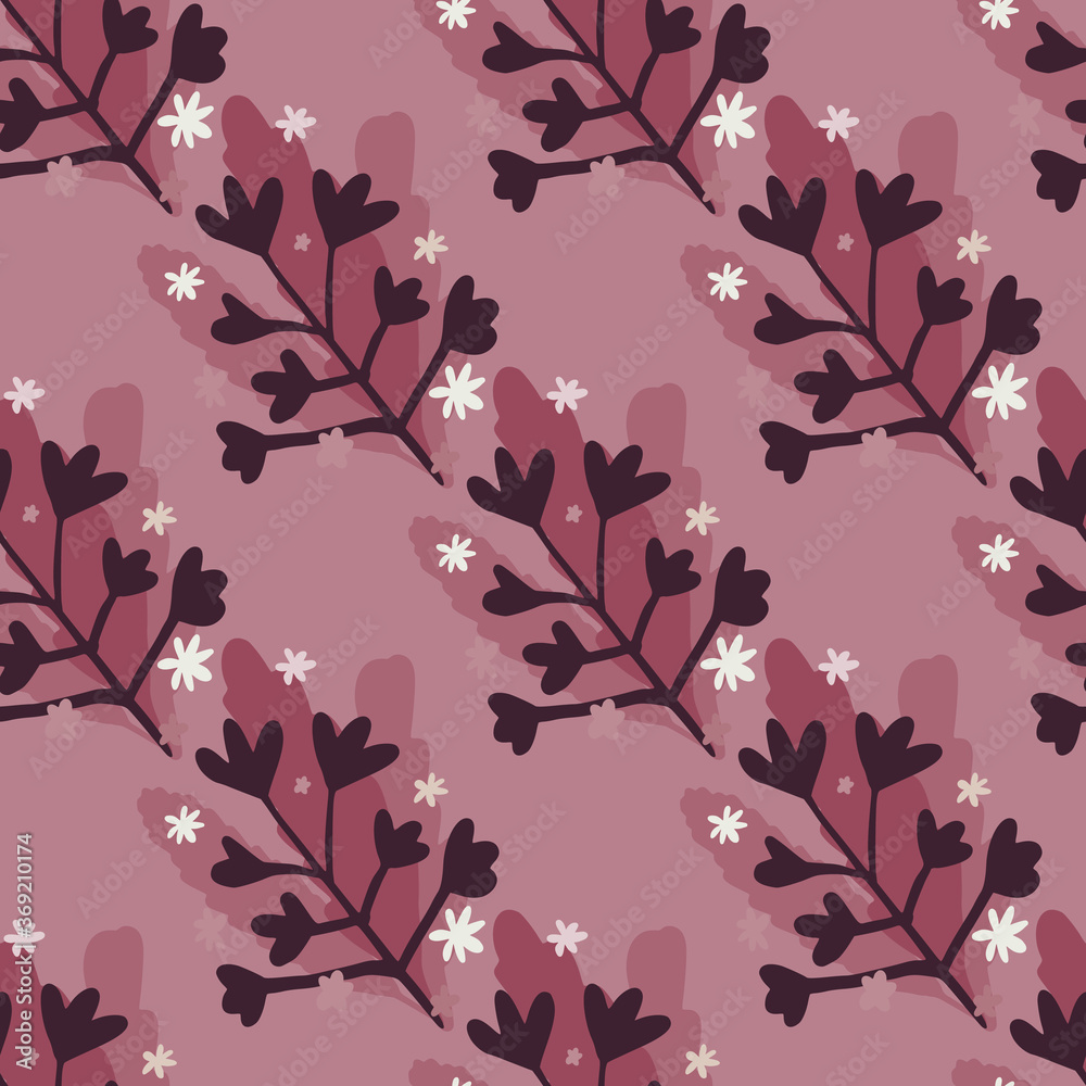 Black branches shape seamless pattern. Dark lilac background. Little white daisy flowers.