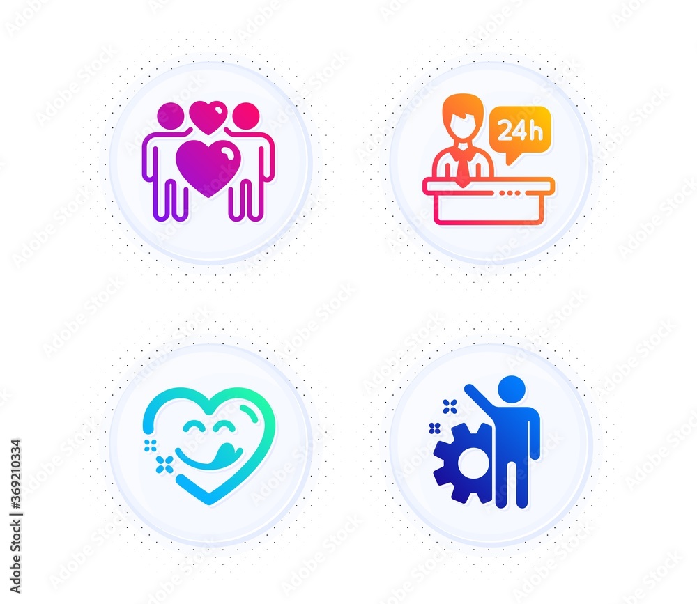 Yummy smile, Love couple and Reception desk icons simple set. Button with halftone dots. Employee sign. Comic heart, Lovers, Hotel service. Cogwheel. People set. Gradient flat yummy smile icon. Vector Yummy smile, Love couple and Reception desk icons simple set. Button with halftone dots. Employee sign. Comic heart, Lovers, Hotel service. Cogwheel. People set. Gradient flat yummy smile icon. Vector