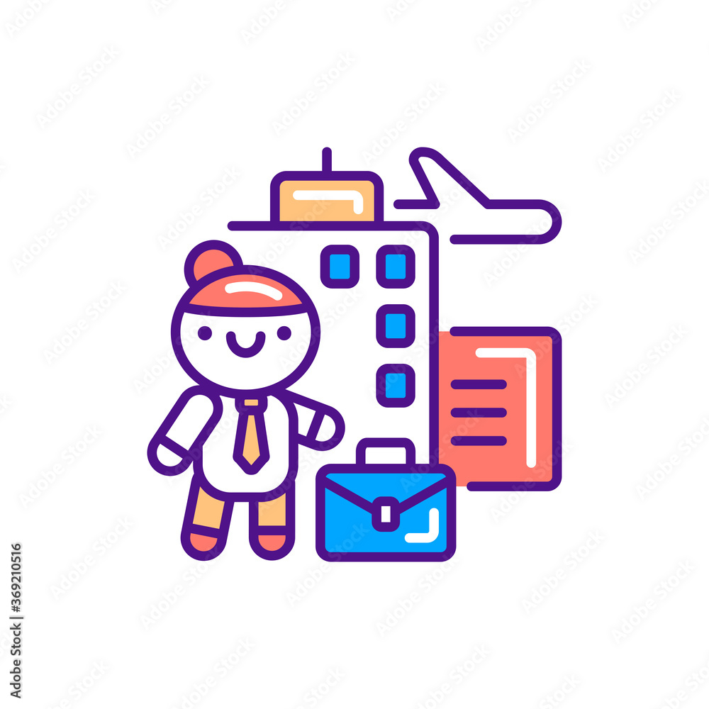 Business tourism line color icon. Cute girl on a work trip kawaii pictogram. Sign for web page, mobile app, button, logo. Vector isolated element. Editable stroke