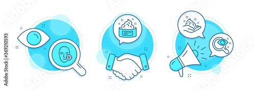 Vision test, Problem skin and Skin care line icons set. Handshake deal, research and promotion complex icons. Eyesight check, Facial care, Hand cream. Medical cosmetic. Medical set. Vector