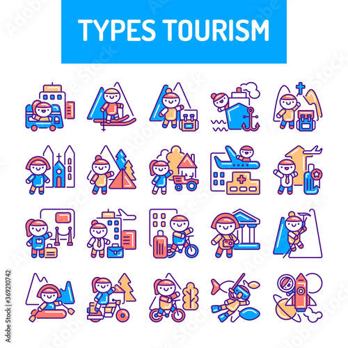 Types tourism line color icons set. Cute characters on journey kawaii pictograms. Signs for web page, mobile app, button, logo. Vector isolated element. Editable stroke
