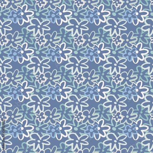 Seamless pattern with daisy flower silhouettes in navy blue tones. Floral simple stylized artwork.