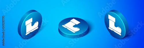 Isometric Waterproof rubber boot icon isolated on blue background. Gumboots for rainy weather, fishing, gardening. Blue circle button. Vector Illustration.