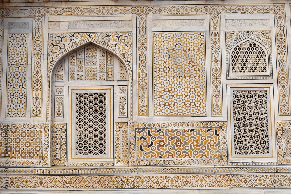 Exterior wall, detail with niche. Mausoleum of Etmaduddaula or Itmad-ud-Daula tomb often regarded as a draft of the Taj Mahal. Agra, Uttar Pradesh, India