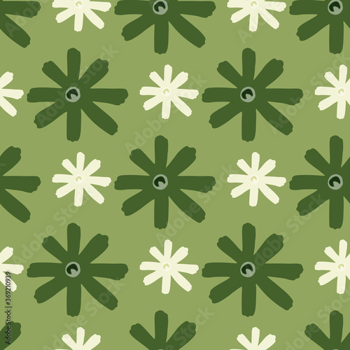 Spring chamomile scribble silhouettes seamless pattern. Dark green and white daisy flower elements on light olive background.