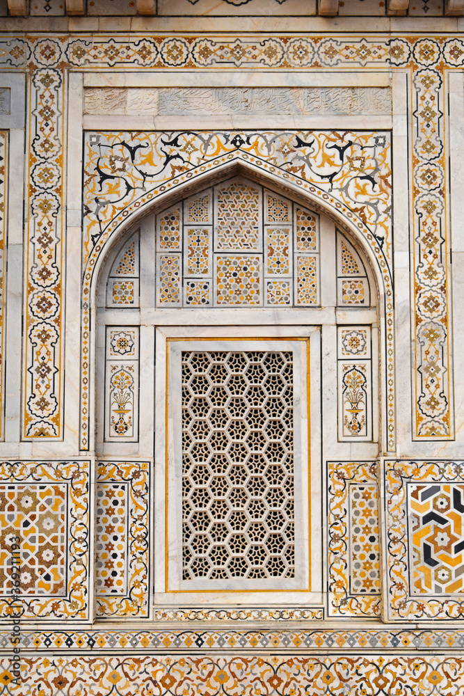 Exterior wall, detail with niche. Mausoleum of Etmaduddaula or Itmad-ud-Daula tomb often regarded as a draft of the Taj Mahal, Agra, Uttar Pradesh, India
