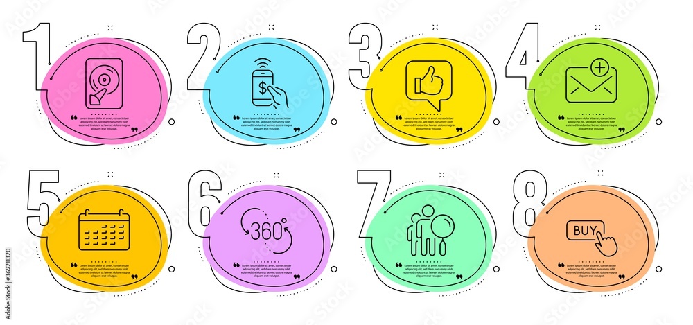 360 degree, Search people and Like signs. Timeline steps infographic. Phone payment, Buy button and Calendar line icons set. Hdd, New mail symbols. Mobile pay, Online shopping. Technology set. Vector 360 degree, Search people and Like signs. Timeline steps infographic. Phone payment, Buy button and Calendar line icons set. Hdd, New mail symbols. Mobile pay, Online shopping. Technology set. Vector