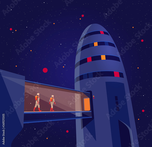 Astronauts passengers crew entering boarding space starship rocket vehicle on launchpad shuttle departure flight on moon mars to earth. Cosmos futuristic lunar orbit exploration mission night start.