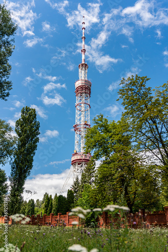 Kyiv (Kiev), Ukraine - July 31, 2020: A big and high metal tower, pipe for radio and television broadcasting 
