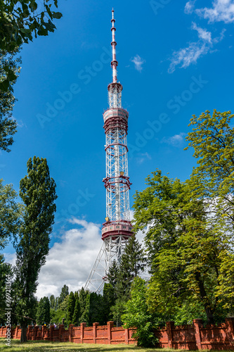Kyiv (Kiev), Ukraine - July 31, 2020: A big and high metal tower, pipe for radio and television broadcasting 