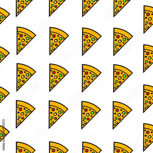 Seamless pattern slice of pizza. Delivery fastfood, tomato, cucumber, orange, yellow. Line icon cartoon vector.