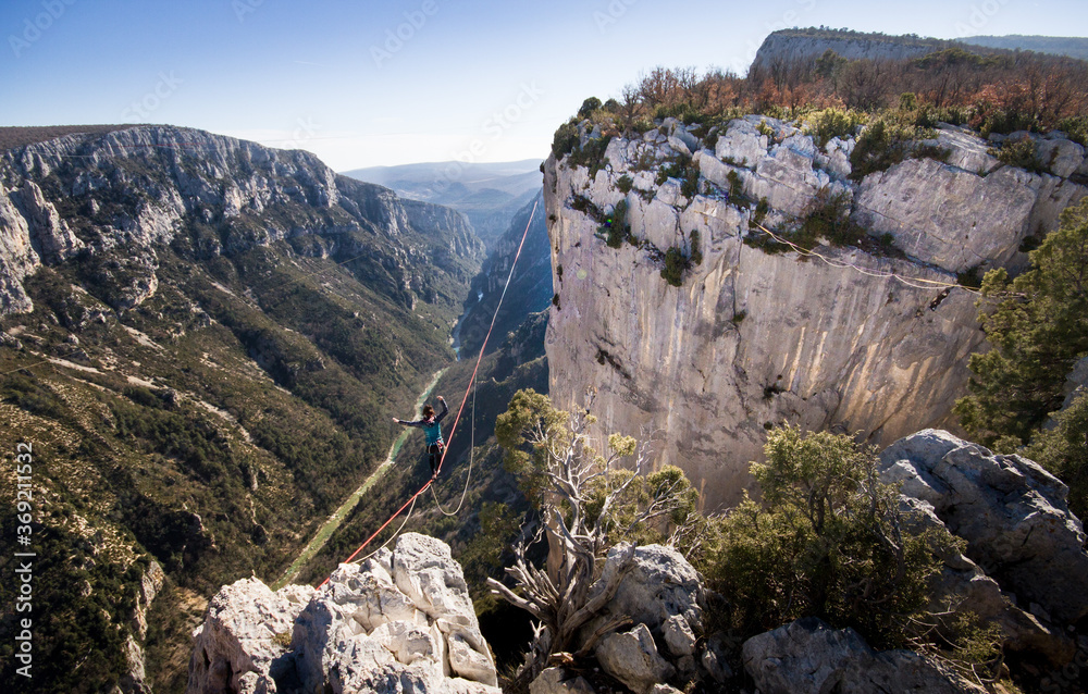 Slackline in verdon provence with view landscape Slackline in verdon provence with view landscape