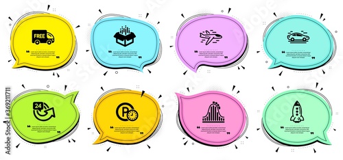 Car, Free delivery and Parking time signs. Chat bubbles with quotes. Roller coaster, Airplane and Open box line icons set. Rocket, 24 hours symbols. Attraction park, Plane. Transportation set. Vector