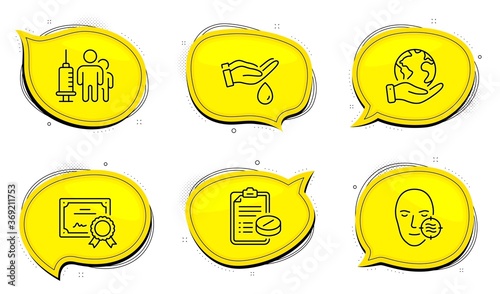 Medical vaccination sign. Diploma certificate, save planet chat bubbles. Wash hands, Medical prescription and Problem skin line icons set. Skin care, Medicine drugs, Facial care. Vector