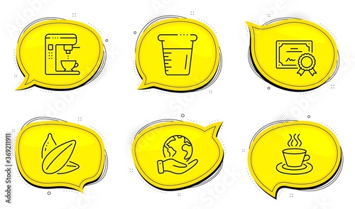 Tea cup sign. Diploma certificate, save planet chat bubbles. Cooking beaker, Coffee maker and Sunflower seed line icons set. Water, Tea machine, Vegetarian food. Coffee mug. Food and drink set. Vector