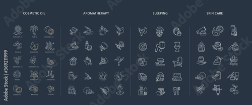 Vector icon and logo collection for natural cosmetics oil care dry skin, aromatherapy and sleeping symbols. Editable outline stroke size. Line flat contour, thin and linear design. Simple
