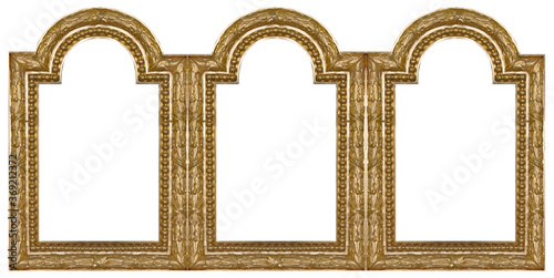 Obraz na plátně Triple golden frame (triptych) for paintings, mirrors or photos isolated on white background