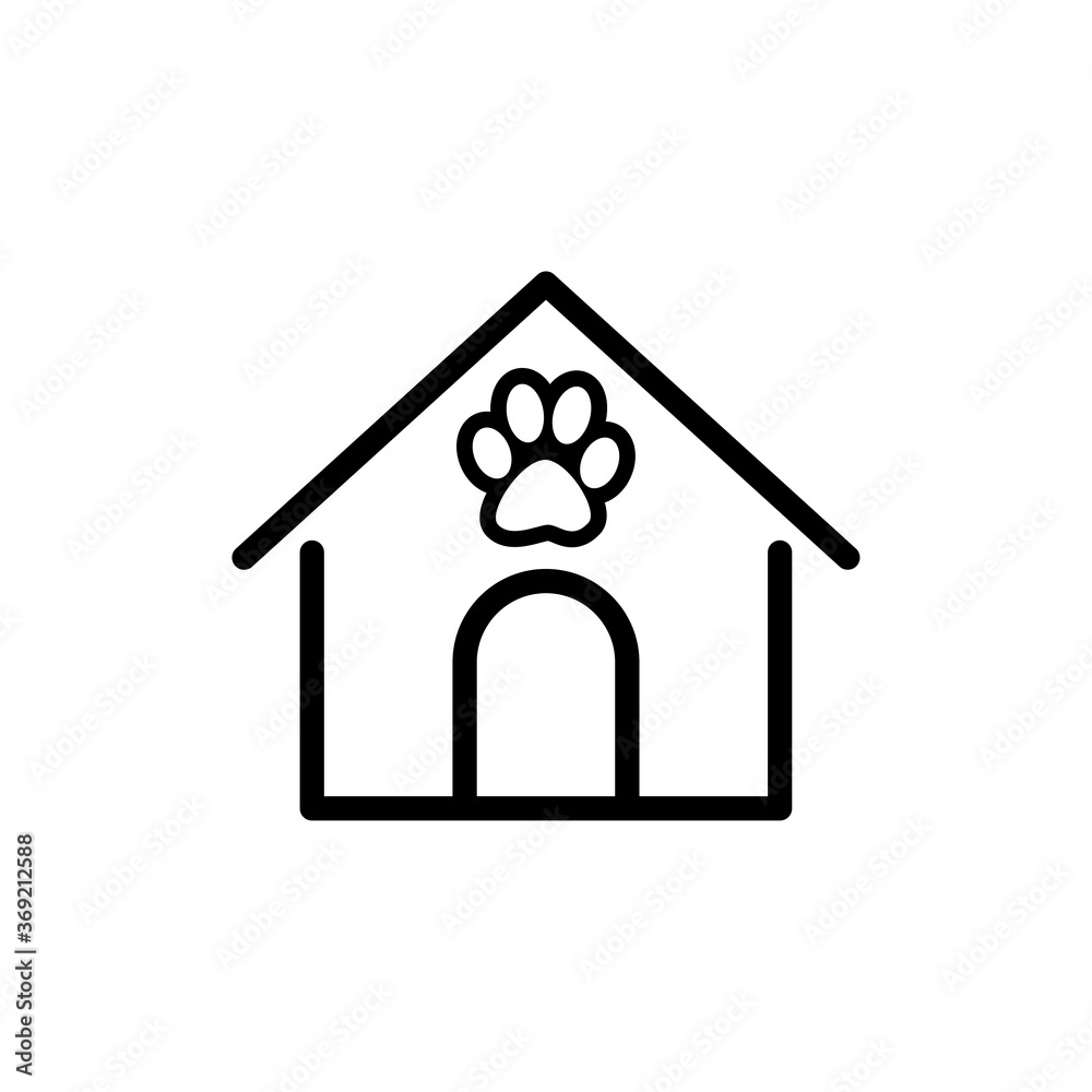 Concepto cuidado de mascotas. Icono plano lineal casa de gato con huella de pisada en color negro Concepto cuidado de mascotas. Icono plano lineal casa de gato con huella de pisada en color negro