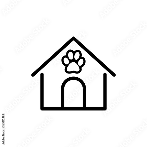 Concepto cuidado de mascotas. Icono plano lineal casa de gato con huella de pisada en color negro