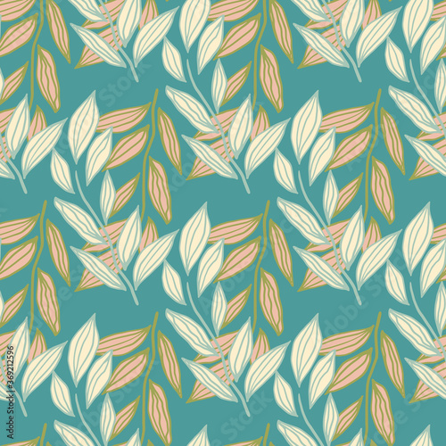 Foliage branches abstract silhouettes seamless pattern. Pastel light and orange botanic elements on blue turquoise background.