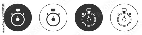 Black Stopwatch icon isolated on white background. Time timer sign. Chronometer sign. Circle button. Vector Illustration.