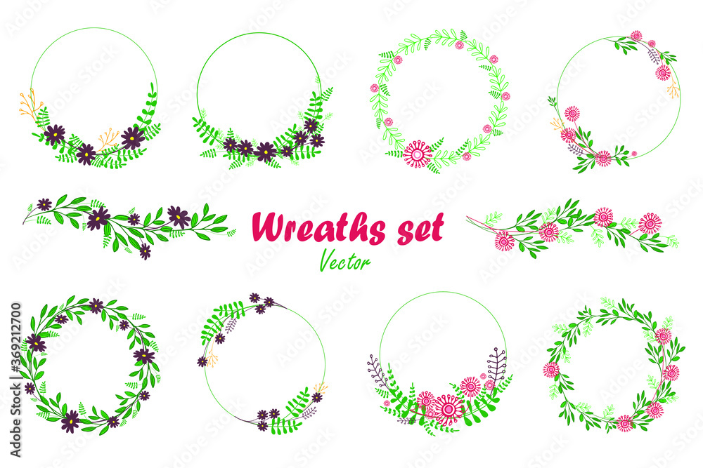 Flower wreaths  set. Wedding floral wreaths for greeting cards and invitations. Vector illustration.
