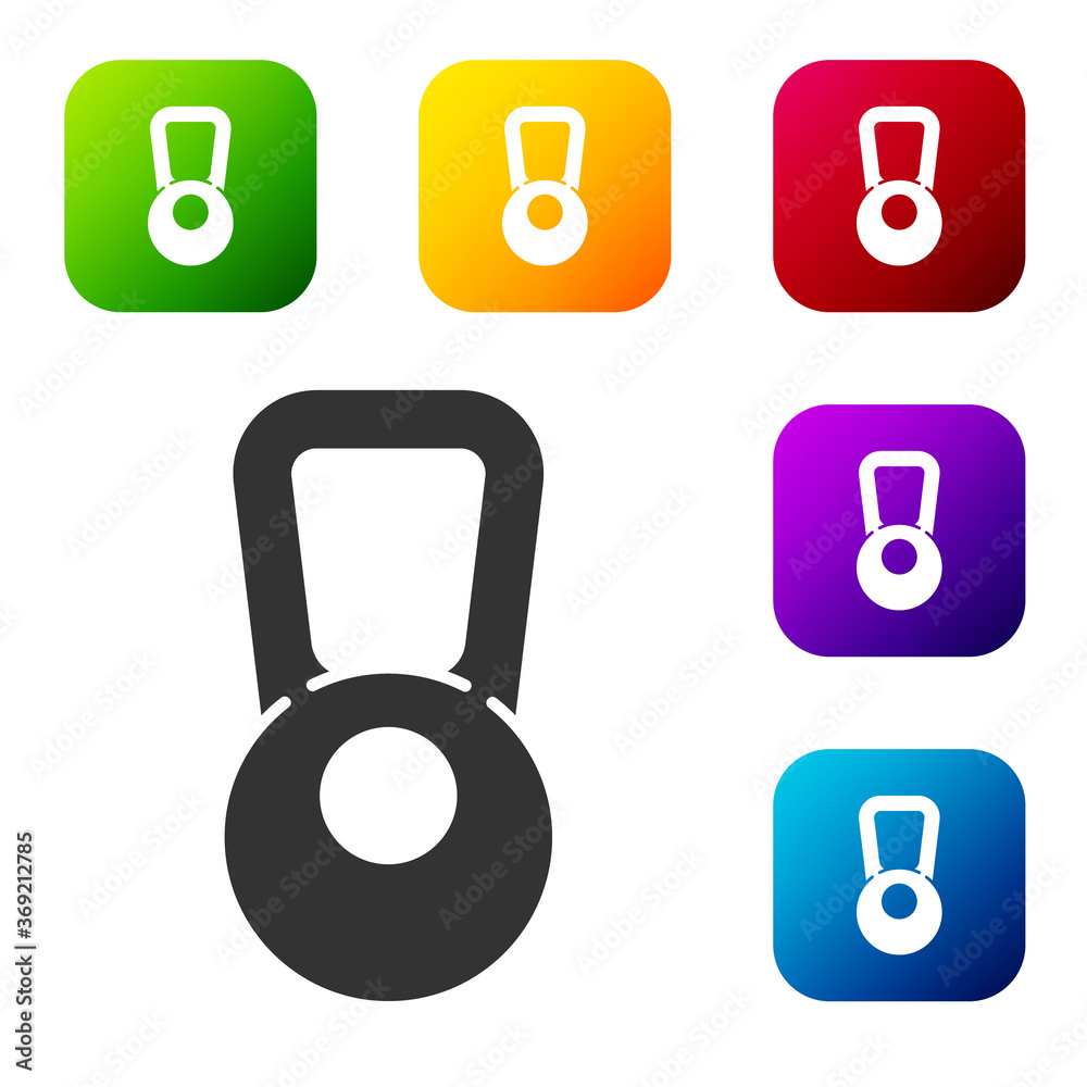 Black Kettlebell icon isolated on white background. Sport equipment. Set icons in color square buttons. Vector Illustration. Black Kettlebell icon isolated on white background. Sport equipment. Set icons in color square buttons. Vector Illustration.