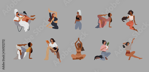 Set of beautiful girl character in daily life scenes. Young woman shopping, makes up, sleeping, relaxes, takes a bath, chooses clothes, drinking coffee. Flat cartoon vector