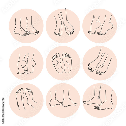 Collection of bare human man and woman feet pairs arranged in different poses  isolated on white background. Front, side, back view. Foot icon. Vector line art style illustration.