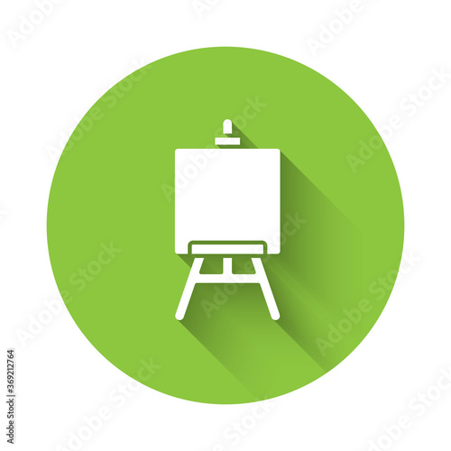 White Wood easel or painting art boards icon isolated with long shadow. Green circle button. Vector Illustration.