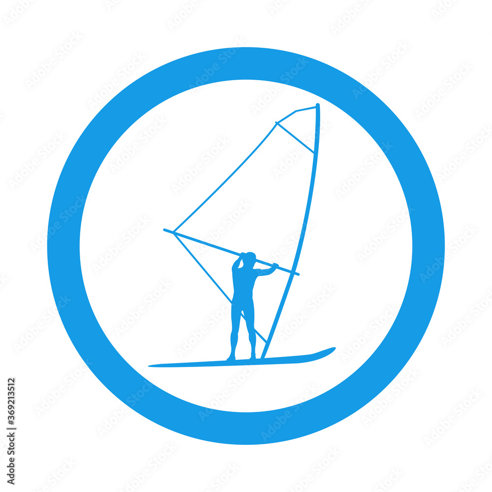 Concepto actividades para vacaciones de verano. Silueta windsurfista en círculo de color azul Concepto actividades para vacaciones de verano. Silueta windsurfista en círculo de color azul