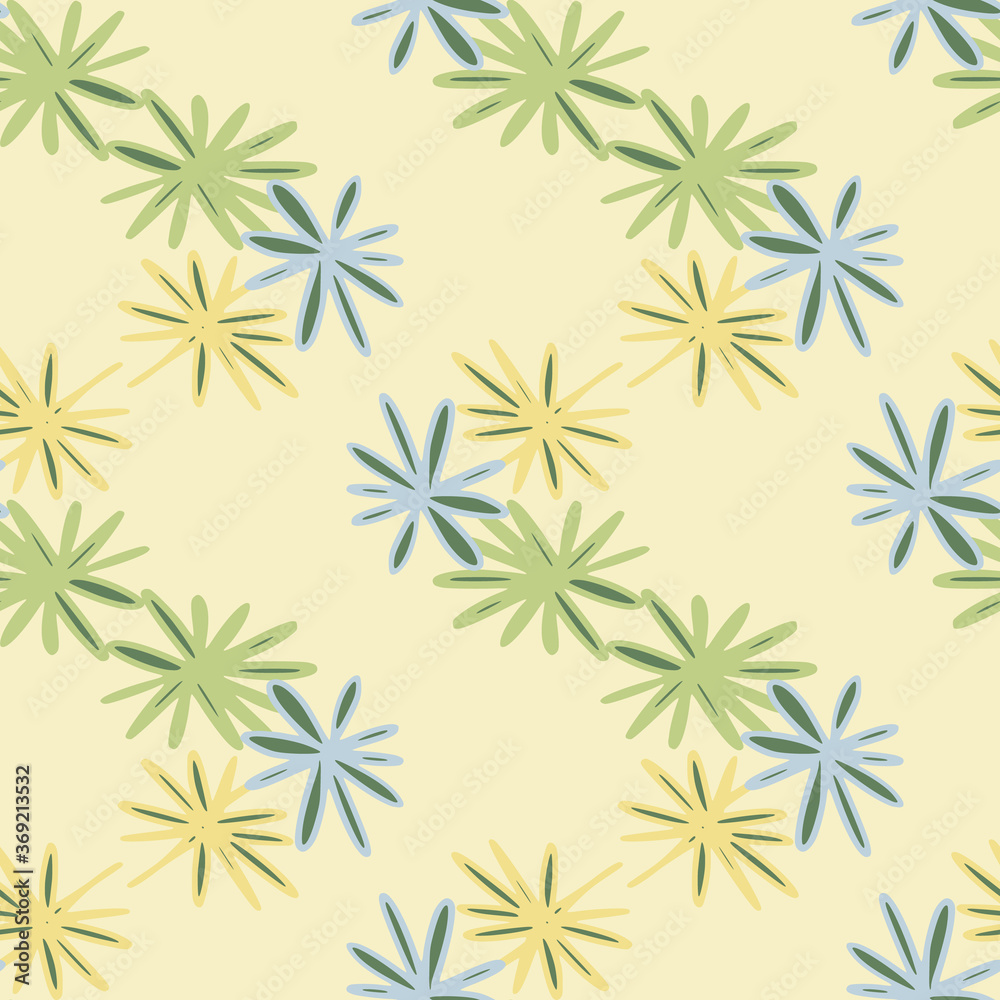 Seamless herbal pattern with daisy geometric shapes. Yellow, green and blue flowers on light background. Stylized artwork. Seamless herbal pattern with daisy geometric shapes. Yellow, green and blue flowers on light background. Stylized artwork.