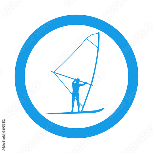 Concepto actividades para vacaciones de verano. Silueta windsurfista en círculo de color azul