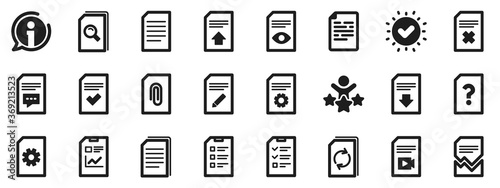 Set of Report, Checklist and Copy icons. Document Management icons. Download file, Remove and Attach clip symbols. Search, Edit management document and Corrupt report file. Checklist copy. Vector