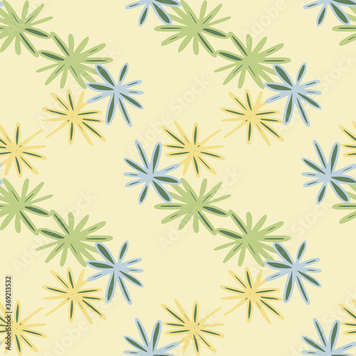 Seamless herbal pattern with daisy geometric shapes. Yellow, green and blue flowers on light background. Stylized artwork.