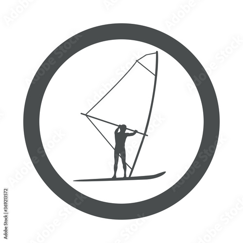 Concepto actividades para vacaciones de verano. Silueta windsurfista en círculo de color gris